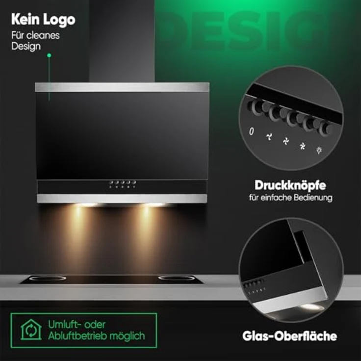 Bomann® Dunstabzugshaube 60cm DU 7610 G schwarz | Kraftvolle 326 m³/h Abluftleistung | Umluft und Abluft | leise Betrieb | einfache Montage | warmweiße LED-Beleuchtung – Bild 4