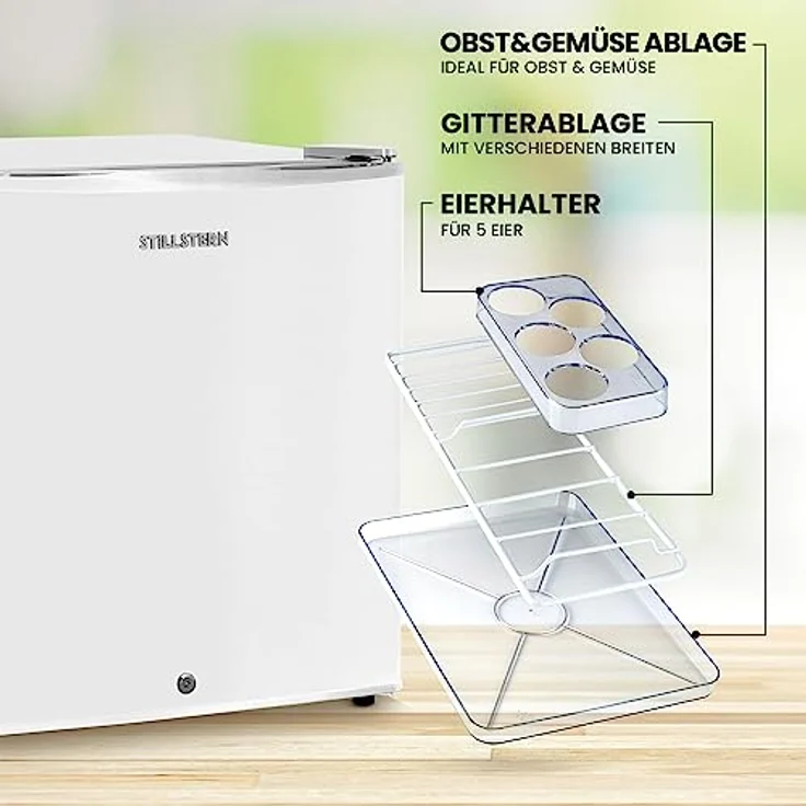 Stillstern Mini Kühlschrank E 45L mit Abtauautomatik, Schloss, Frostfach, Leise, Ideal für Küche, Büro, Schlafzimmer, Hotels und kleine Wohnungen Kühlschrank klein Minibar Getränkekühlschrank – Bild 4