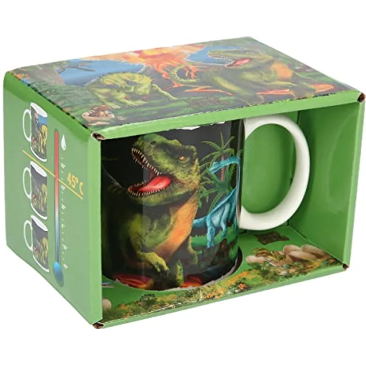 Depesche 12119 Dino World - Magic Tasse in Weiß mit Temperatureffekt und Dinosaurier-Motiven, Trinkbecher mit Henkel aus Porzellan, Füllmenge ca. 320 ml