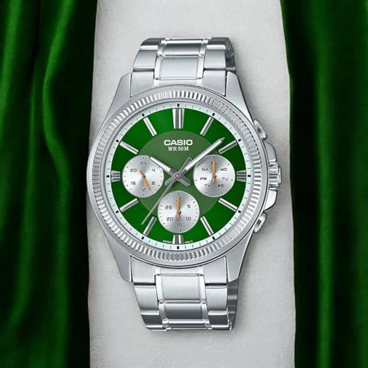 Casio Herren-Armbanduhr Multifunktion Stahl/Grün MTP-1375PD-3AVEF, Edelstahl Gehäuse, grünes Zifferblatt – Bild 3