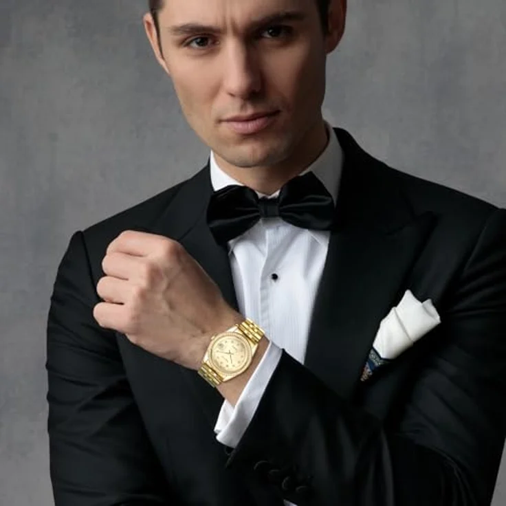 JewelryWe Herrenuhr Gold Edelstahl: Klassische Kalender Analog Quarz Armbanduhr mit Diamantskala und Facettiert Lünette, Edelstahlarmband – Bild 2