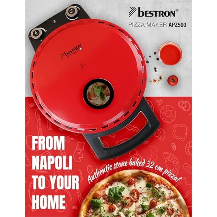 Bestron Pizzaofen APZ500R für knusprige Pizzen in 5-10 Minuten, elektrischer Pizzaofen mit bis zu echten 320°C Höchsttemperatur, inkl. Schamottstein & 2 große Holzspatel, Viva Italia, Rot – Bild 2