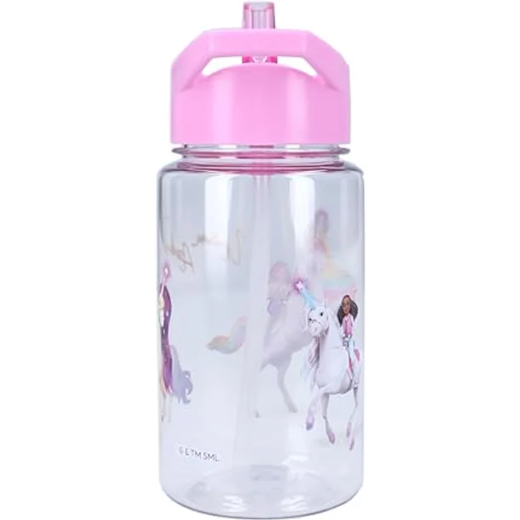 Unicorn Academy Trinkflasche Trinkbecher 450 ml, transparent mit Strohhalm & pinkem Henkel – Bild 4
