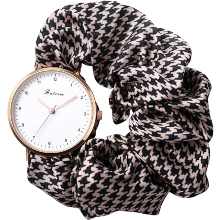 JewelryWe Damenuhr Elastisch Haarband Uhr, Braun Hahnentrittmuster, Analog Quarz, Multifunktionale Casual Uhr mit Haargummi Stretch Armband – Bild 1