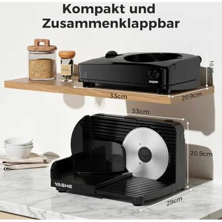 YASHE Faltbarer Elektrischer Allesschneider, 180W Brotschneidemaschine mit 17 cm Edelstahlklinge und einstellbarer Schnittdicke 0–15 mm, kompakt und in Schwarz – Bild 4