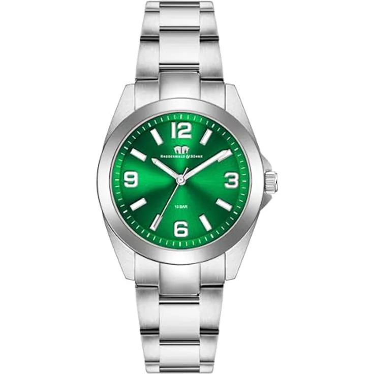 Rhodenwald & Söhne Damen Uhr 10010410, analog Quarzwerk mit grünem Zifferblatt, Edelstahl Gliederarmband in Silber, wasserdicht bis 10 ATM