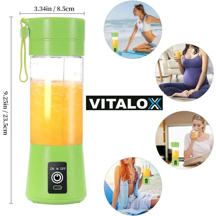 VITALOX Elektrischer Smoothie Maker Standmixer Mini Mixer Blender Shaker m. Akku - Grün 380ml, 6 superscharfe 3D-Klingen, 2000mah 3.7V – Bild 6