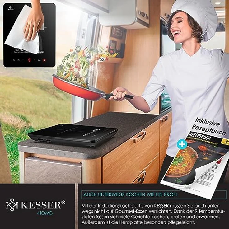 KESSER® Induktionskochplatte Induktionskochfeld 1 Platte 2100W Tragbares 28cm Kochplatte + 3x Mikrofasertuch + 1x Rezeptbuch, 9 Heizstufen, 8-Stunden-Timer, Touch-Steuerung, Booster-Funktion 220-240V – Bild 5