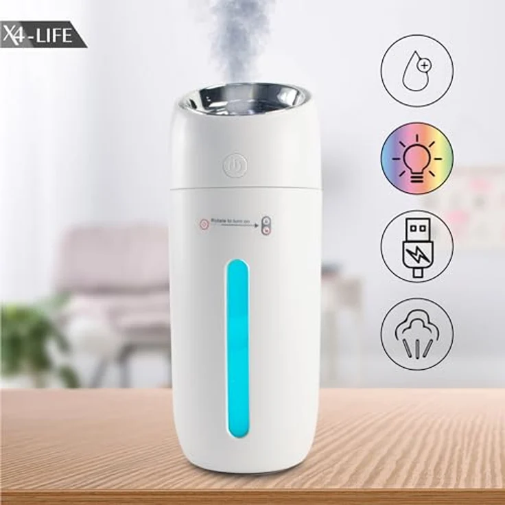 X4-LIFE Luftbefeuchter Mini Diffusor LED RGB 2W - Diffuser Luftzerstäuber USB 300ml, Nachtlicht & Deko, RGB & Weiß, bis zu 10 Std. Runtime – Bild 4