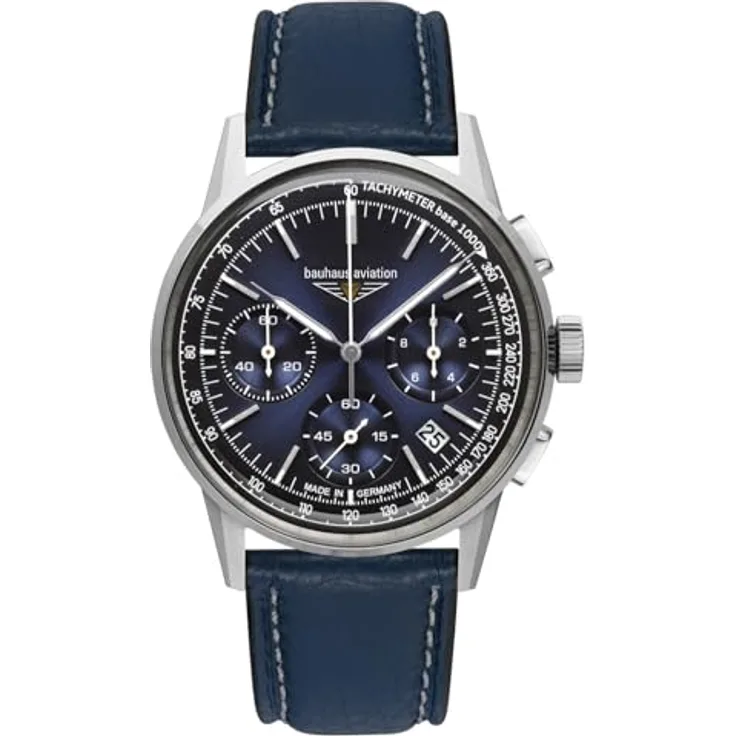 Bauhaus Herrenuhr Aviation Chronograph Dunkelblau 2376-3, Lederarmband, Stoppuhr, Kalender