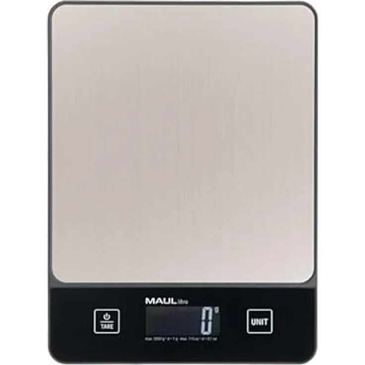 MAUL Küchenwaage MAULlibra, 5000 g Tragkraft, bruchsicheres Kunststoffgehäuse, schwarz, mit benutzerfreundlicher Tastenführung und LCD-Display