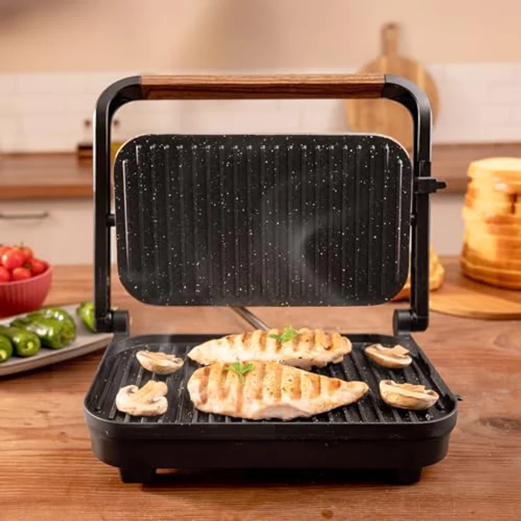 Cecotec Elektrischer Grill Rock'Ngrill 1300 Wood B, 1300W, schwarzes Design, Rockstone-Beschichtung, rutschfeste Basis, höhenverstellbare schwimmende Platte, Holzgriff – Bild 4