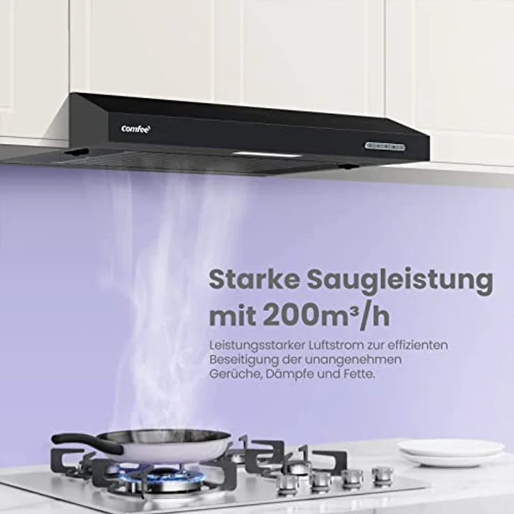 COMFEE' CHU 3.6F17BB 60cm Unterbauhauben Dunstabzugshaube Unterbau mit Edelstahl, abnehmbarem Aluminiumfilter, 200m³/h Luftstrom, 2 Stufen, 1 LED-Licht, Schwarz – Bild 3