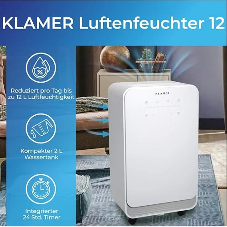 KLAMER Luftentfeuchter elektrisch 12L, 100m³ Luftumwälzung pro Stunde, 280W starker Raumentfeuchter, Entfeuchter mit bis zu 2 Liter Fassungsvermögen, weiß – Bild 2