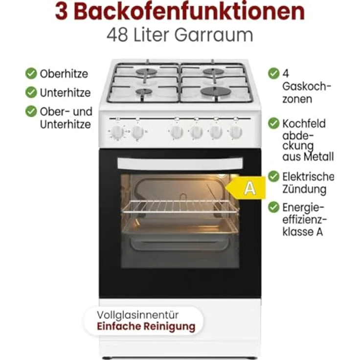 PKM GH4-50 EO AQ, Stand-Gasherd mit 4 Kochzonen, 9050 Watt, 3 Backofenfunktionen, Energieeffizienzklasse A, inkl. Grillrost & Fettpfanne – Bild 6