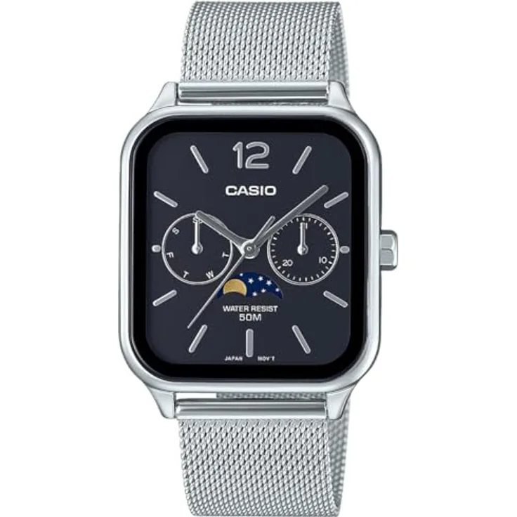 Casio Watch MTP-M305M-1AVER, Analoguhr mit Mondphasen-Anzeige, Silber