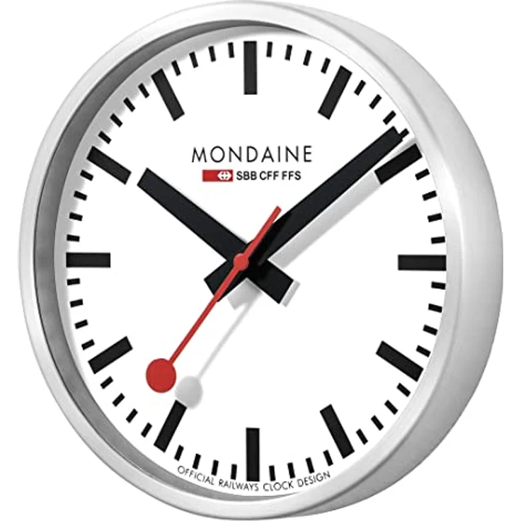 Mondaine Wanduhr A990.Clock.16SBB 25cm - Bahnhofsuhr in Silber aus gebürstetem Aluminium mit rotem Sekundenzeiger staubbeständig – Bild 2