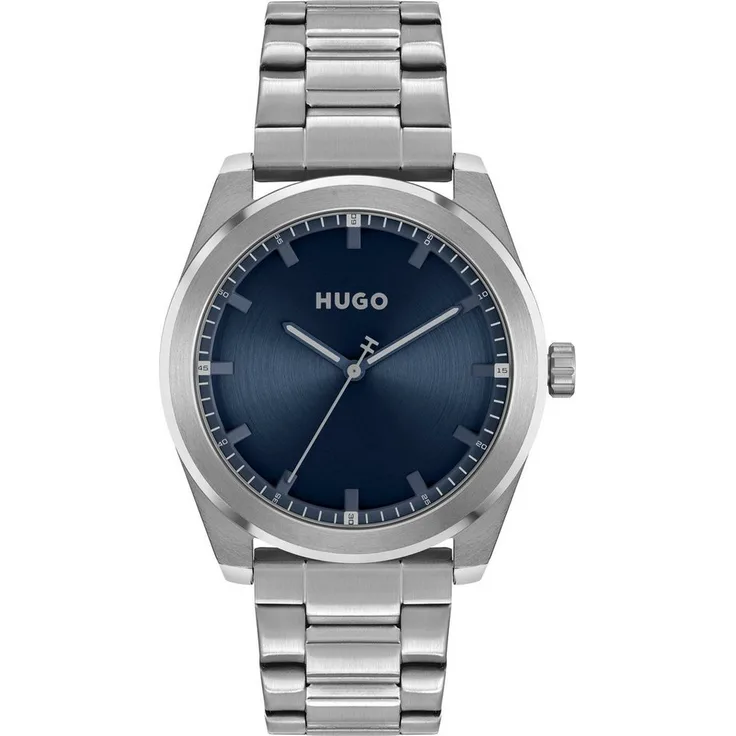 HUGO Quarzuhr #BRIGHT, Herrenuhr mit blauem Zifferblatt und Mineralglas