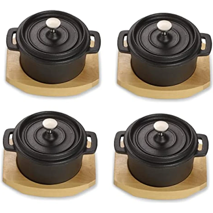 Echtwerk Kochtopf aus Gusseisen, Mini-Kochtopf mit Servierbrett, Kleiner Bräter, Bereits eingebrannt, Für Backöfen, Grill, BBQ und Induktion geeignet, Ideal zum Servieren, 200 ml, 4tlg – Bild 1