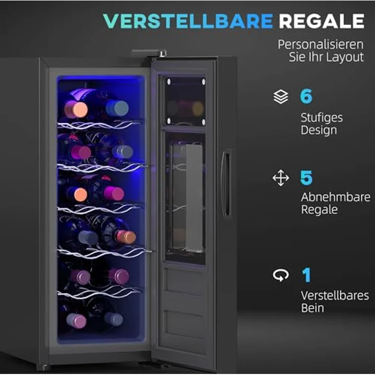HOMCOM Weinkühlschrank 30 L, Getränkekühlschrank für 12 Flaschen mit LED-Beleuchtung, Touch-Steuerung, Temperatur 8-18°C, Schwarz – Bild 5