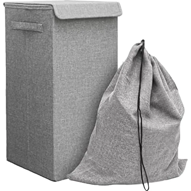 DuneDesign 50L Wäschekorb mit Deckel - Stabiler Holzrahmen - Faltbarer Wäschesammler Grau (Grau mit Deckel)