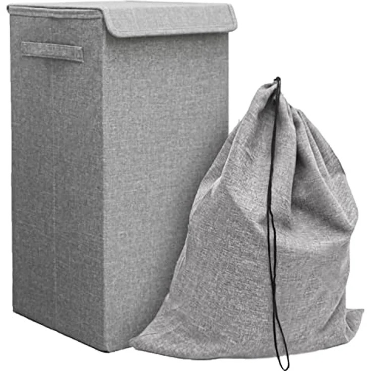 DuneDesign 50L Wäschekorb mit Deckel - Stabiler Holzrahmen - Faltbarer Wäschesammler Grau (Grau mit Deckel) – Bild 1