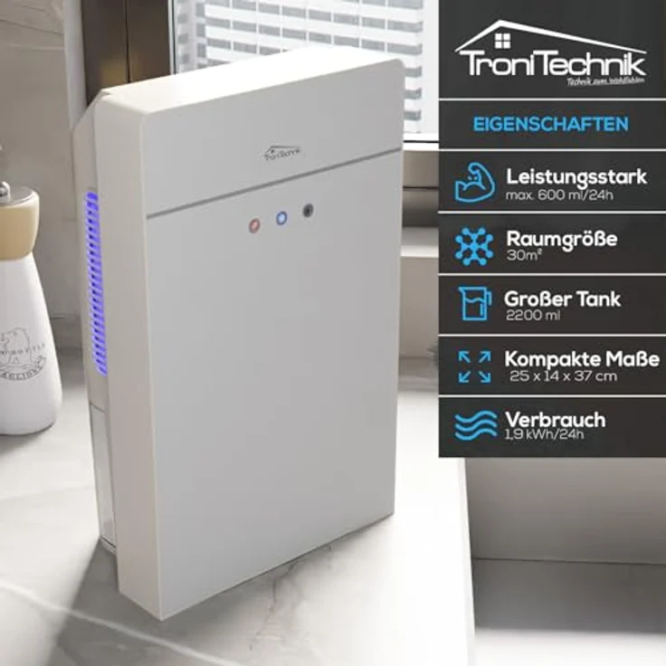 Tronitechnik EF-03, Luftentfeuchter bis 600 ml/24 h, 2,2 L Tank, Glasfront, mit Abtautomatik und Schlauchanschluss, leise, für Räume bis 30 m² – Bild 3