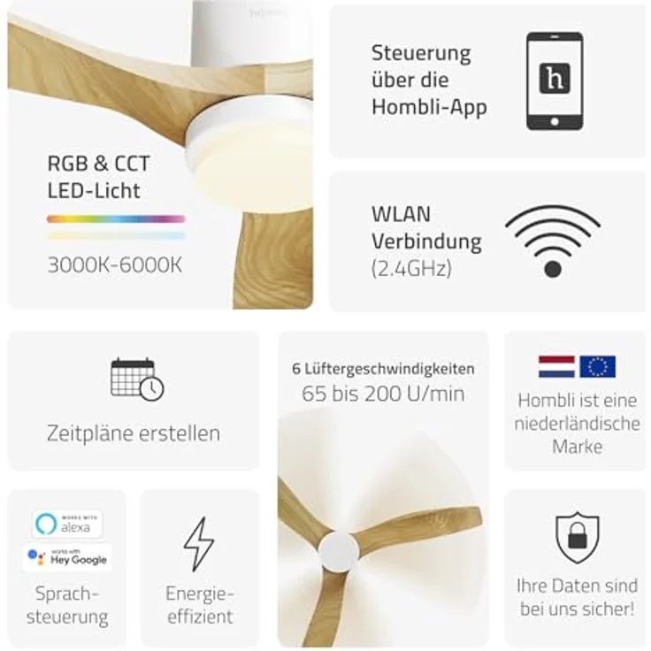 Hombli Deckenventilator mit Licht, 6 Geschwindigkeiten, RGB- und CCT-LED-Beleuchtung, Sommer- und Wintermodus, Weiss – Bild 2