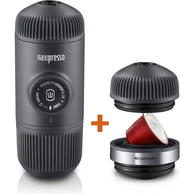 Wacaco Espressomaschine Nanopresso Ground + Nespresso-Kapseln Adapter, tragbare Espressomaschine mit 18 bar Druck, schwarz