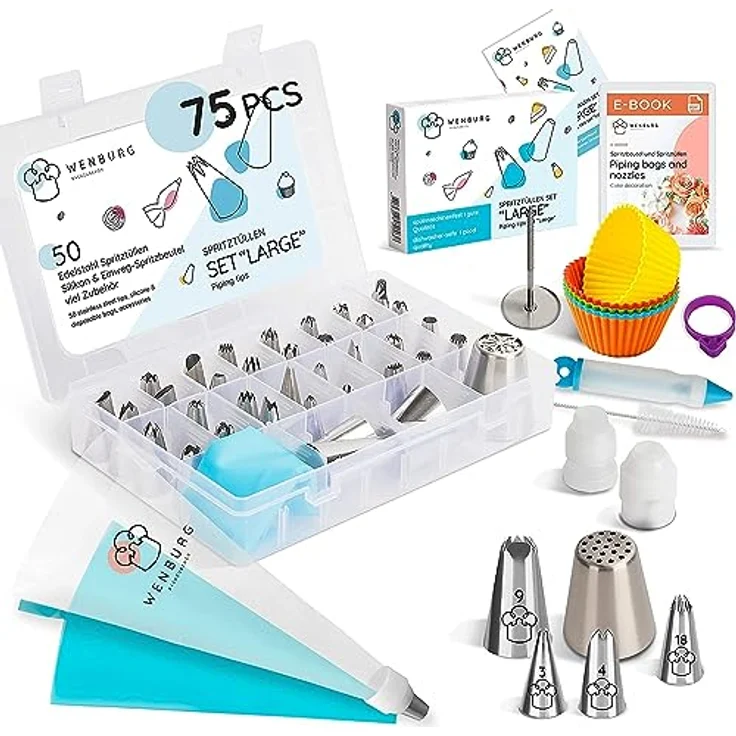 Wenburg Premium Qualität Spritztüllen Set 75-teilig, Backzubehör mit 50 Tüllen, 2 Silikonspritzbeuteln, E-Book, ideal für Tortendekoration, Edelstahl und spülmaschinengeeignet – Bild 1
