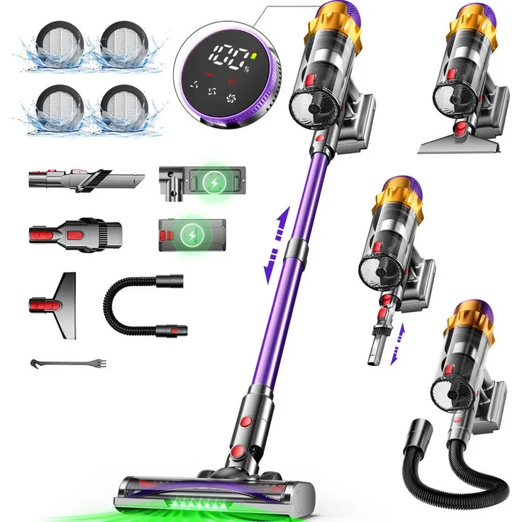 Hiazurm Akku-Hand- und Stielstaubsauger AZA340, 80000Pa Saugkraft, 70 Min Laufzeit, 1.8L Behälter, 8-in-1 für Teppich und Hartboden, HEPA-Filter, LED-Anzeige, grünes LED-Licht