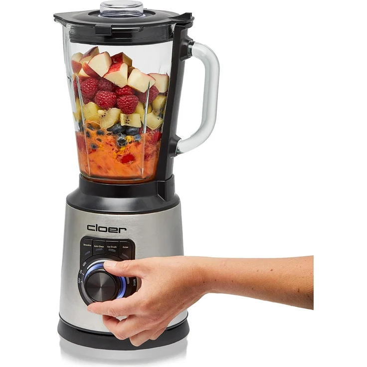 Cloer 6958 Standmixer, 1,5 l Glasbehälter, 6-flügliges Messer, Smoothie-, Ice-Crush- und Auto-Clean-Programme, Puls-Funktion, stufenlos, Edelstahl/Schwarz – Bild 1