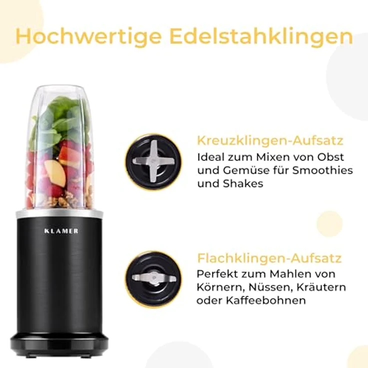 KLAMER Bullet Mixer 1000 Watt, elektrischer Smoothie Maker mit 2 Mixbehältern, Edelstahlklingen und BPA-freiem Zubehör – Bild 3