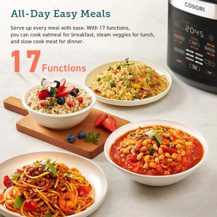 COSORI Reiskocher & Dampfgarer mit Keramik-Innentopf und Fuzzy Logic, 50 Rezepte, 1,8L Fassungsvermögen für 1-10 Personen, Multikocher mit 17 Funktionen, Wärmer, Timer, LED-Anzeige - Schwarz – Bild 2