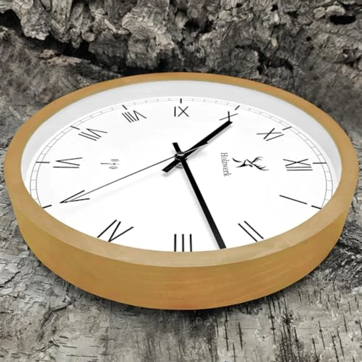 Holzwerk Germany Natur Holz Funkwanduhr Funk Wanduhr Holz-Uhr Vintage Funkuhr lautloses Uhrwerk ohne Tickgeräusche römische Ziffern Braun Weiß Buche lautlos Massivholz Natur Holz 30 cm – Bild 5
