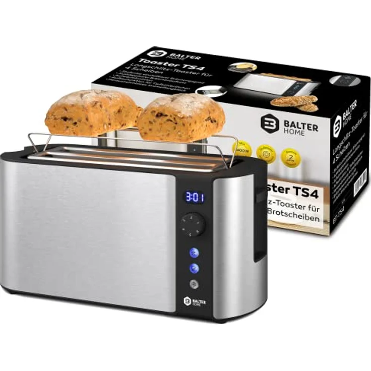 Balter TS-04-LCD, 4-Scheiben Langschlitztoaster mit 1500W, LCD Display, Restzeitanzeige, Doppelwandgehäuse, Brötchenaufsatz, Auftaufunktion, Silver – Bild 8