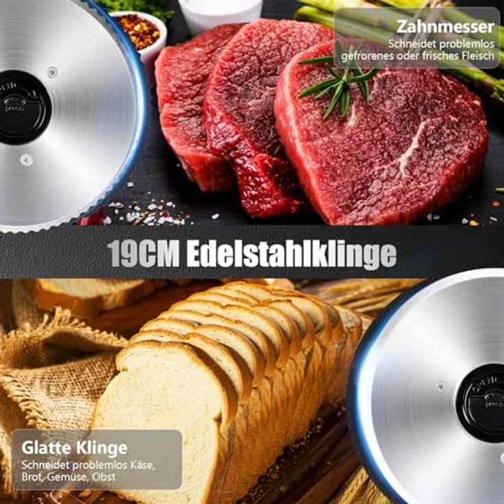 YASHE Elektrische Allesschneider mit leisem 200W DC-Motor, duale 19CM Edelstahlklingen, stufenlose Schnittstärke 0-15mm – Bild 4