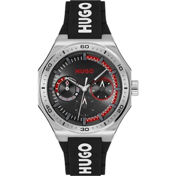 HUGO Multi Zifferblatt Quarz Uhr Kollektion #Grail Sport, 44 mm, schwarzes Zifferblatt mit roten Details, Edelstahl- oder Silikonarmband, wasserdicht bis 5 ATM – Bild 1