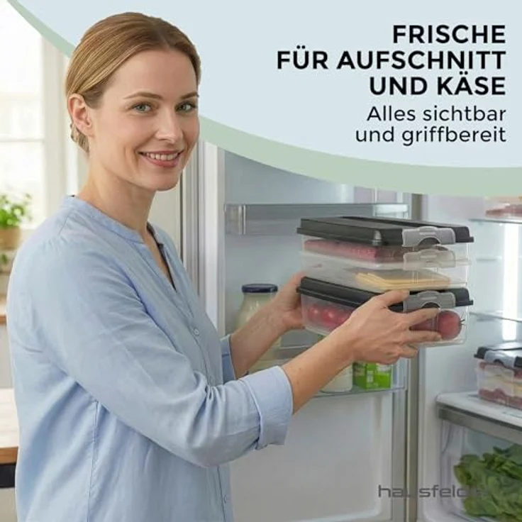 Hausfelder Aufschnittdosen für Kühlschrank, Wurst Aufbewahrung mit Deckel, BPA-frei, stapelbar, spülmaschinengeeignet, Anthrazit, 10-teilig – Bild 5