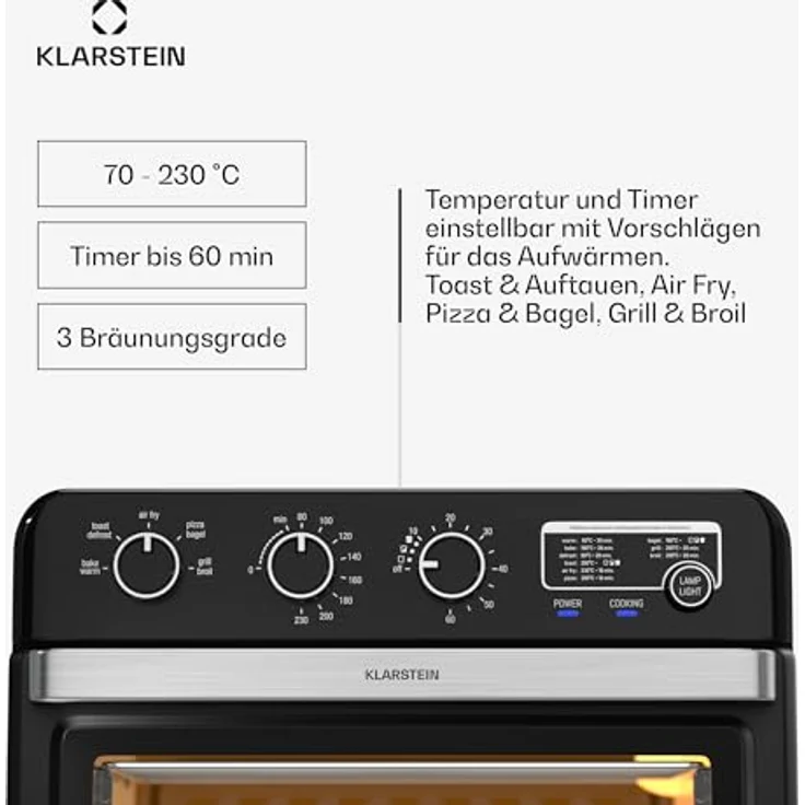 Klarstein AirGlaze Heißluftfritteuse – 34 L, 2000 W, 9 Programme, Rotisserie, Panoramascheibe, Schwarz – Bild 5