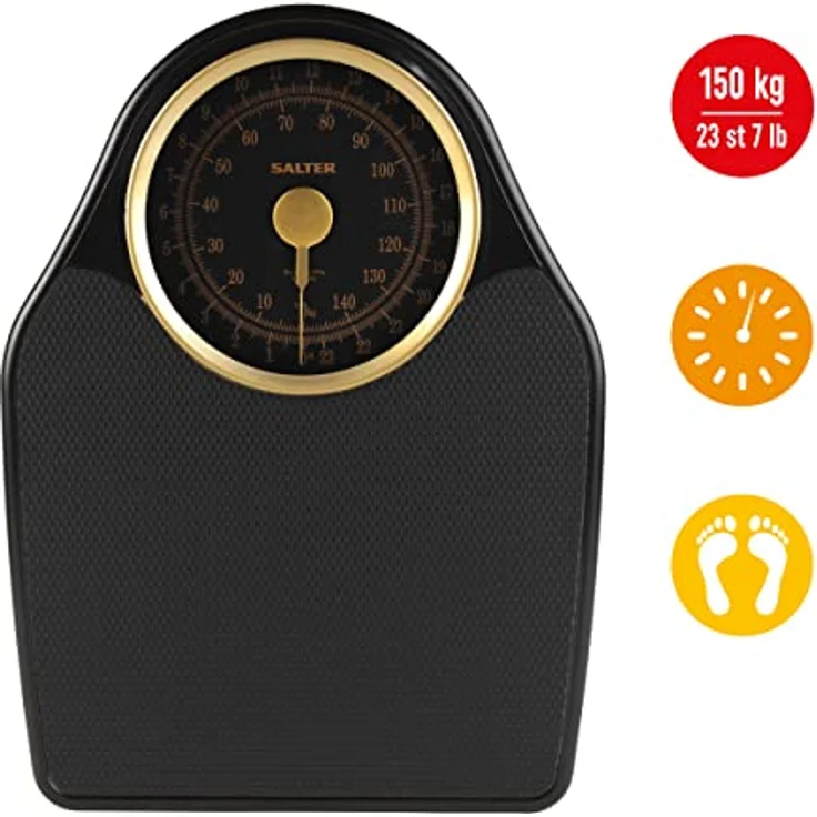 Salter 145 GFEU16 Mechanische Doktorwaage - Körperwaage mit 150 KG Tragfähigkeit, Körperfettwaage mit Drehzeiger, Körpergewichtswaage mit rutschfester Matte, Keine Batterien erforderlich, schwarz/gold – Bild 3