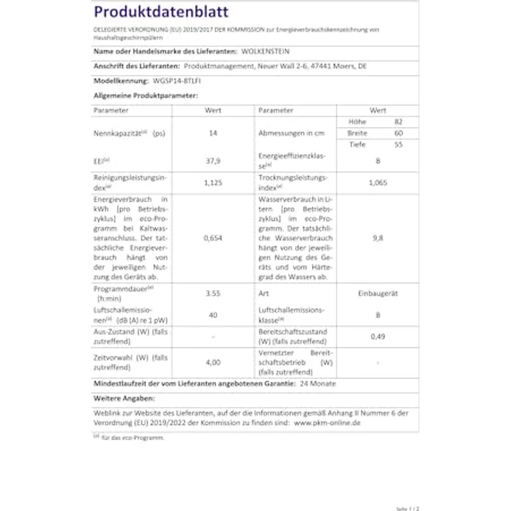 WOLKENSTEIN Einbaugeschirrspüler WGSP14-8TLFI, vollintegriert, 14 Gedecke, Energieeffizienz B, AquaStop, Auto Door Opening, 40 dB – Bild 5
