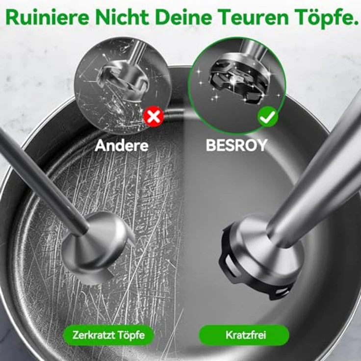 BESROY Stabmixer Set 3 in 1, 1100W Pürierstab mit Edelstahl-Klingen, Milchschäumer & Schneebesen, stufenlose Geschwindigkeit, kratzschonend, spülmaschinengeeignet – Bild 4