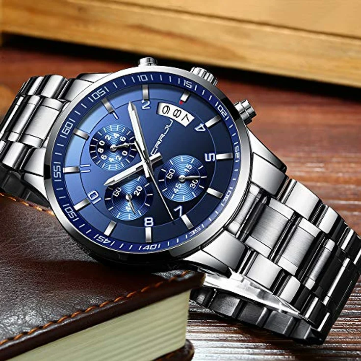 CRRJU Herren Chronograph Armbanduhr, wasserdichte Edelstahl Quarzuhr mit Kalender, Silber Blau – Bild 3