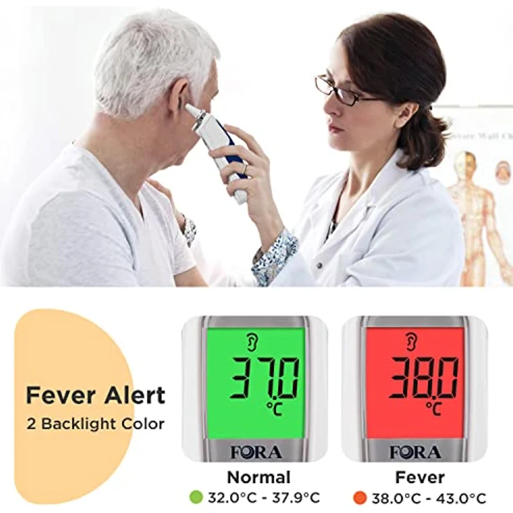 FORA IR20C, Infrarot Ohrthermometer in medizinischer Qualität mit 16 Einmal-Schutzkappen, kleiner Eisenkopf- langlebig, Einfach zu säubern. – Bild 5