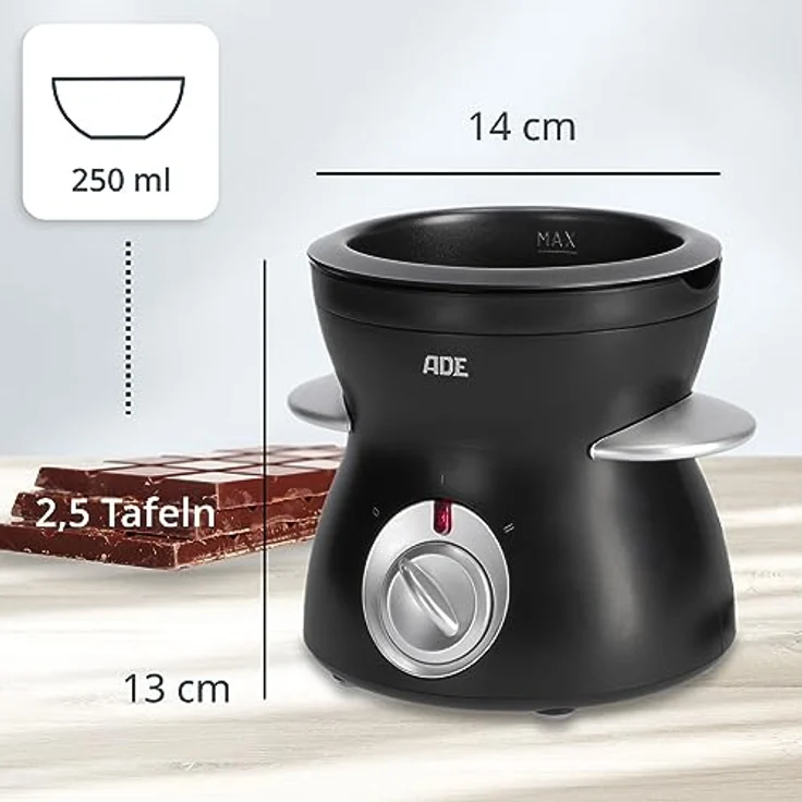 ADE elektrisches Schokofondue 250ml mit 6 Spießen | 2 Temperaturstufen zum Schmelzen und Warmhalten | Temperiergerät für Schokolade und Kuvertüre | herausnehmbare teflonbeschichtete Schüssel – Bild 3