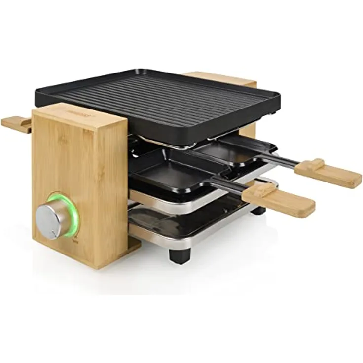 Princess SDA 162950 Raclette Pure 4 – Bambusausführung für bis zu Personen regelbares Thermostat 800 Watt Pfännchen und Spatel, 01.162950.01.001, Bambus / Schwarz