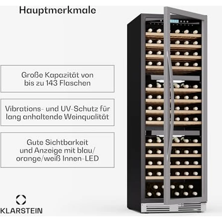 Klarstein Vinovilla Trio, Weinkühlschrank für 144 Flaschen, 3 Zonen, 38 dB, 12 Regale, Kompressor, 413 Liter – Bild 2
