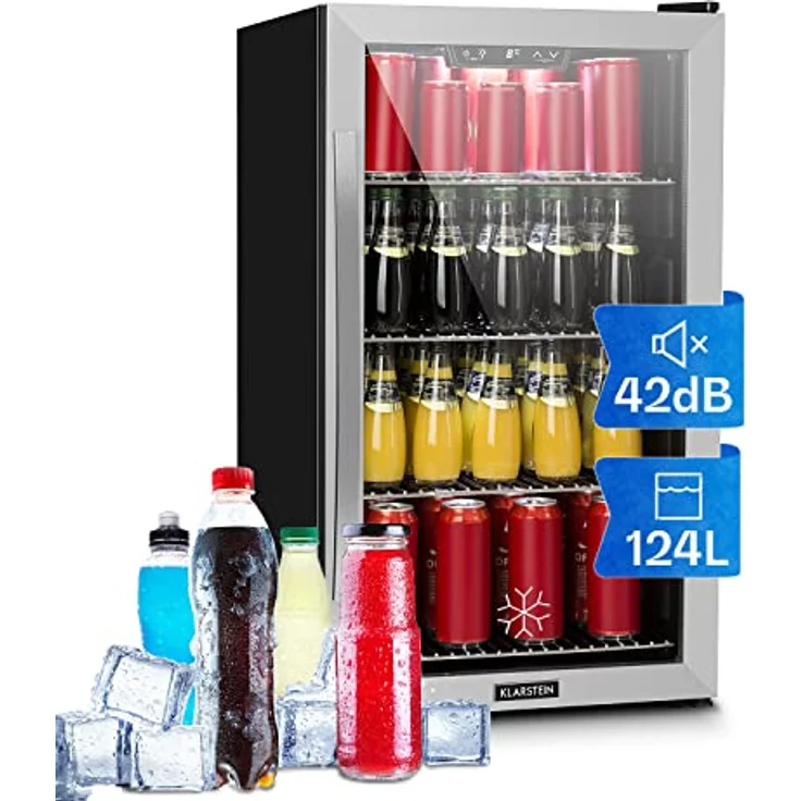Klarstein Mini Kühlschrank mit Glastür, 124 L Getränke Kühlschrank, leise und verstellbare Ablagen, Indoor/Outdoor, Edelstahl – Bild 1