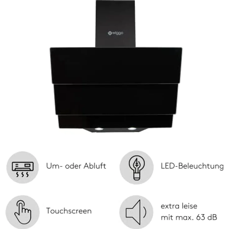 Wiggo Dunstabzugshaube 60cm kopffrei I Abluft Umluft Dunstabzug 300m³/h - LED Touch-Display 3 Stufen I Schräghaube inkl. Fettfilter & 2x Kohlefilter I Abzugshaube mit 3 teiliger Glasfront schwarz – Bild 2